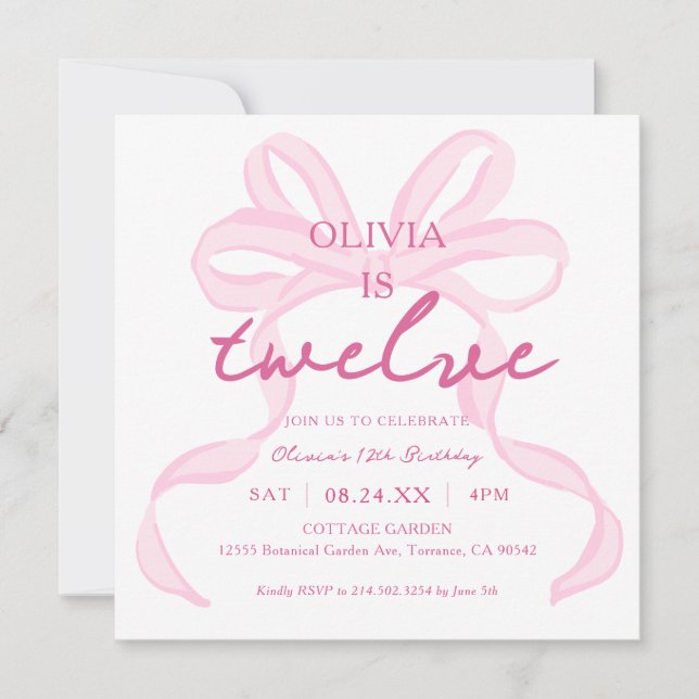 Invitación Pink Bow Girly Coquette 12th Birthday Party Squara (Anverso)