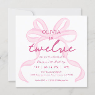 Invitación Pink Bow Girly Coquette 12th Birthday Party Squara