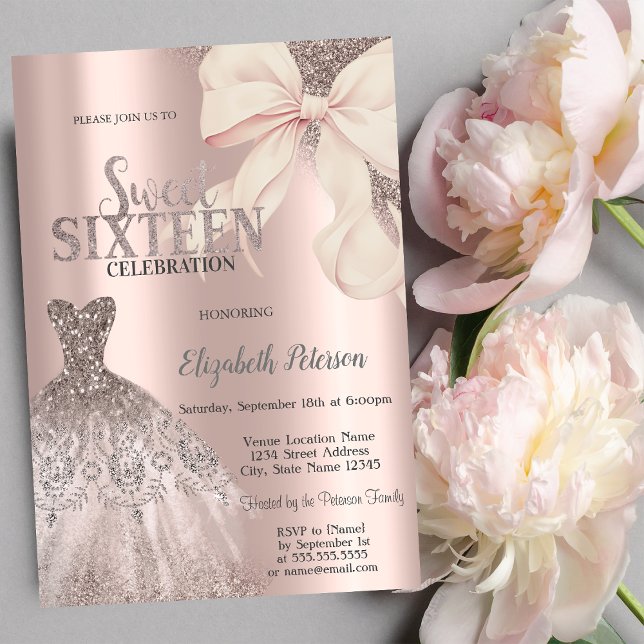 Invitación Pink Bow Glitter Dress Rose Gold Sweet 16  (Subido por el creador)