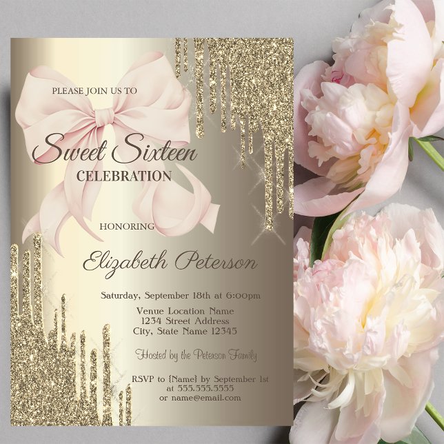 Invitación Pink Bow Glitter Drips Champagne Sweet 16 (Subido por el creador)