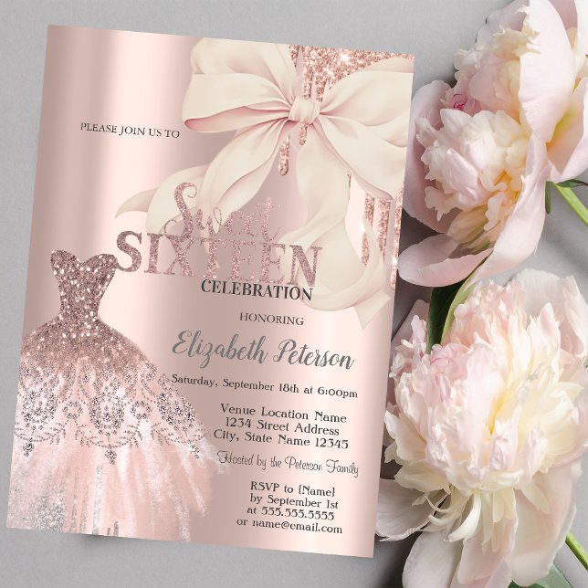 Invitación Pink Bow Glitter Drips,Dress Rose Gold Sweet 16 (Subido por el creador)
