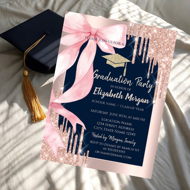 Invitación Pink Bow Glitter Grad Cap,Drips Navy Blue   (Subido por el creador)
