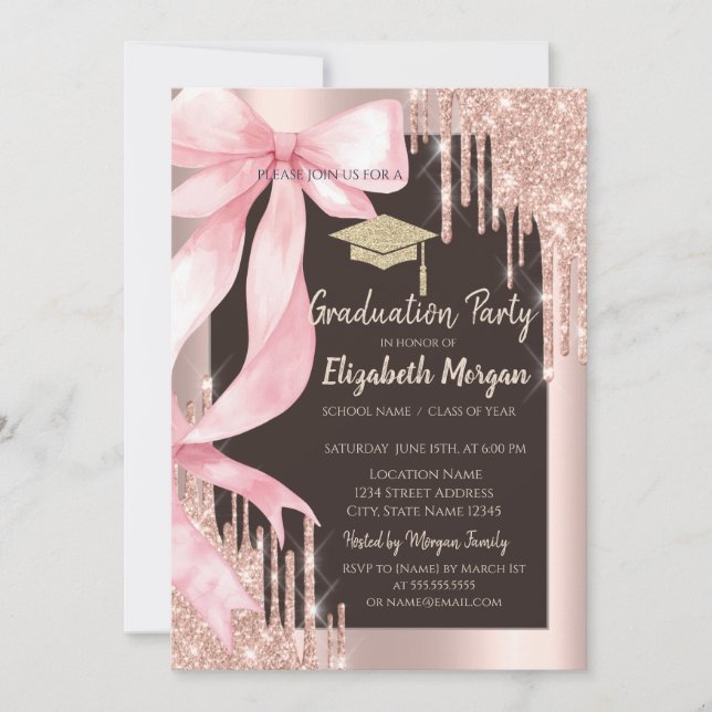 Invitación Pink Bow Glitter Grad Cap,Drips Photo Brown  (Anverso)