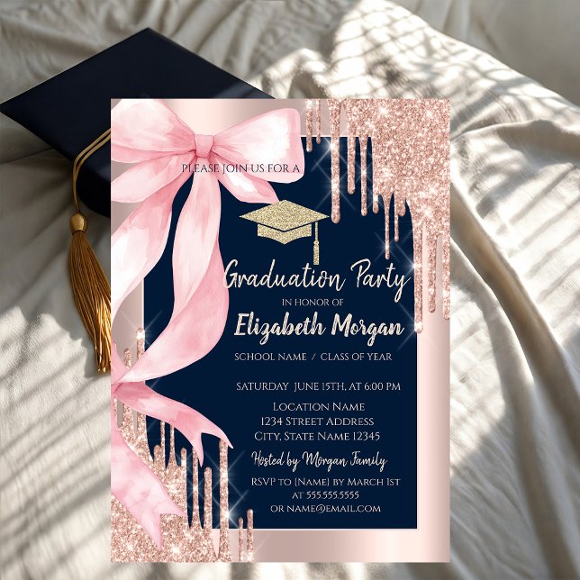 Invitación Pink Bow Glitter Grad Cap,Drips Photo Navy Blue   (Subido por el creador)