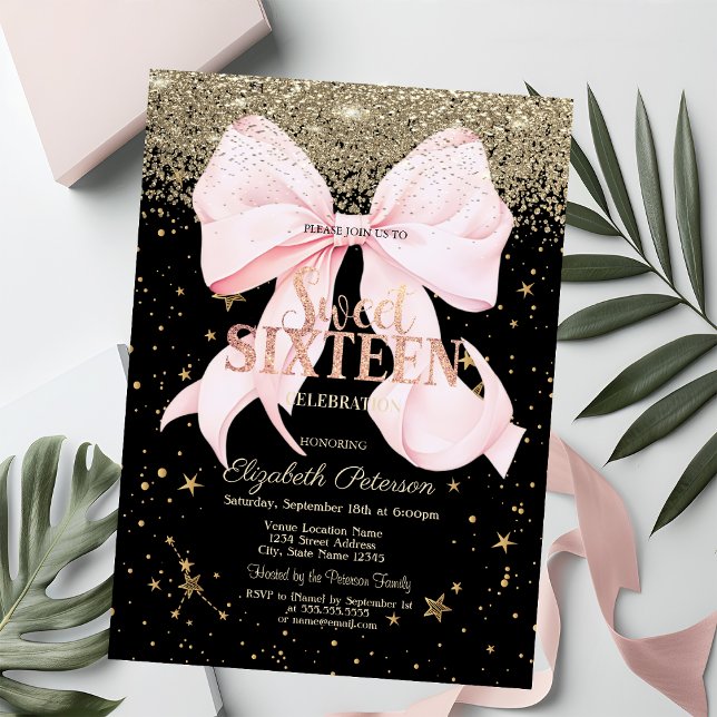 Invitación Pink Bow Gold Diamonds Stars Black Sweet 16 (Subido por el creador)
