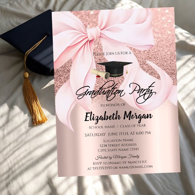 Invitación Pink Bow Grad Cap Rose Gold Glitter Graduation (Subido por el creador)