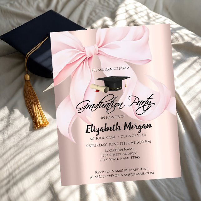 Invitación Pink Bow Grad Cap Rose Gold Your Photo Graduation (Subido por el creador)