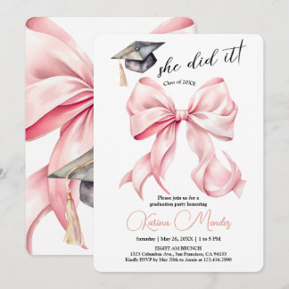 Invitación Pink Bow Graduation Invitation She Did it 