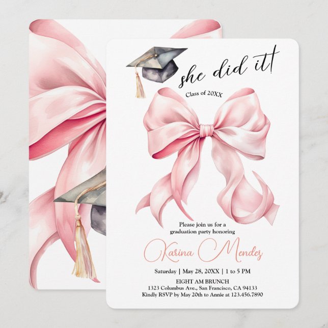 Invitación Pink Bow Graduation Invitation She Did it  (Anverso / Reverso)