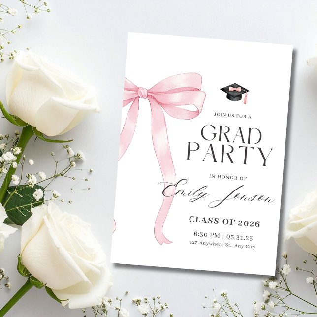 Invitación Pink Bow Graduation Party Coquette Modern Graduate (Subido por el creador)