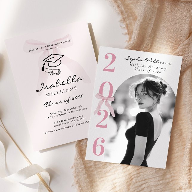 Invitación Pink Bow Graduation Photo Black and White (Subido por el creador)