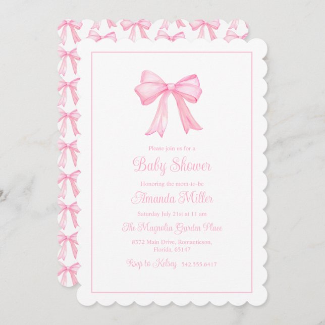 Invitación Pink Bow Grandmillennial Preppy Baby Shower (Anverso / Reverso)