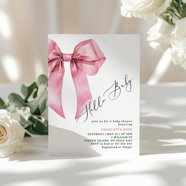 Invitación Pink Bow Hello Baby Girl Baby Shower (Subido por el creador)