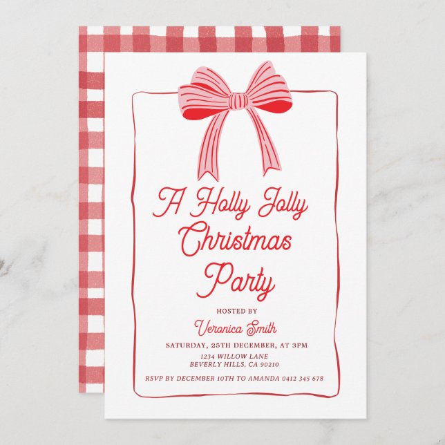 Invitación Pink Bow Holly Holiday Party Festive (Anverso / Reverso)