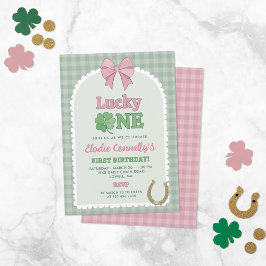Invitación Pink Bow Horseshoe Clover Lucky One Birthday