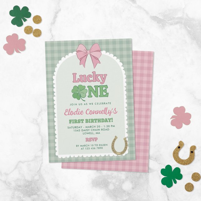 Invitación Pink Bow Horseshoe Clover Lucky One Birthday (Subido por el creador)