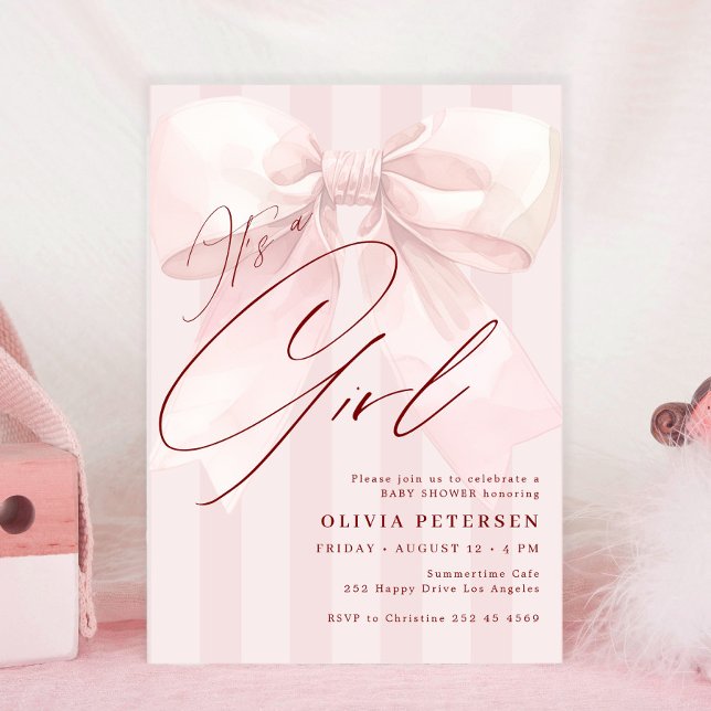 Invitación Pink bow its a girl script girl baby shower (Subido por el creador)