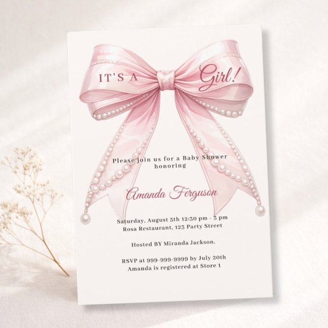 Invitación Pink bow ivory it's a girl pearls Baby Shower (Subido por el creador)
