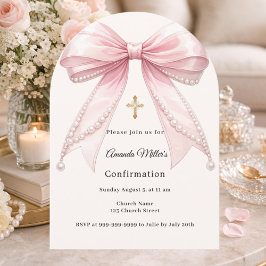 Invitación Pink bow ivory pearls girl Confirmation arch