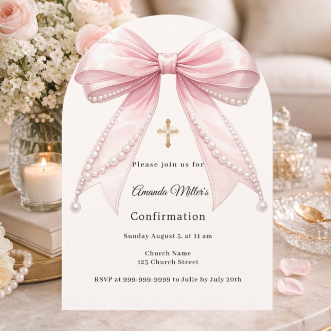 Invitación Pink bow ivory pearls girl Confirmation arch (Subido por el creador)