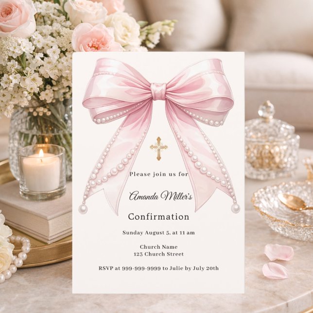 Invitación Pink bow ivory pearls girl elegant Confirmation (Subido por el creador)
