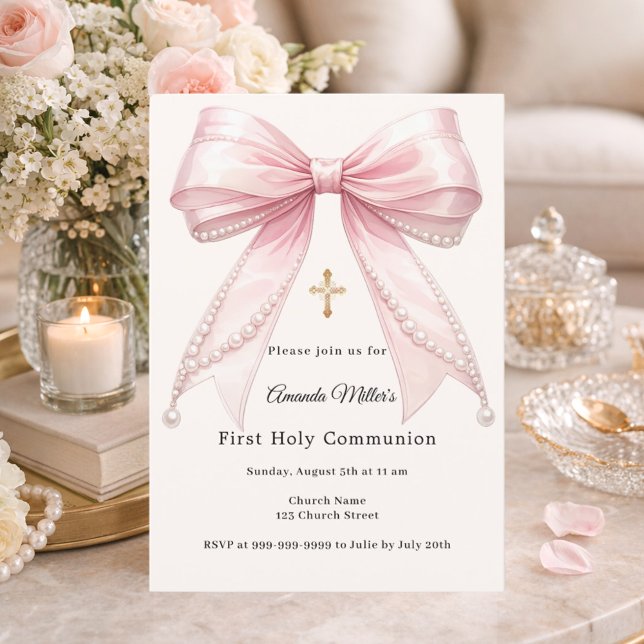 Invitación Pink bow ivory pearls girl elegant First Communion (Subido por el creador)