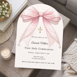 Invitación Pink bow ivory pearls girl First Communion Arch
