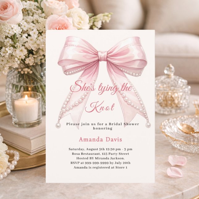 Invitación Pink bow ivory pearls tying knot Bridal Shower (Subido por el creador)