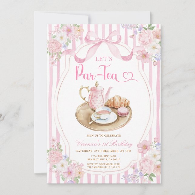 Invitación Pink Bow Let’s Par-tea Girl Birthday Stripe Floral (Anverso)
