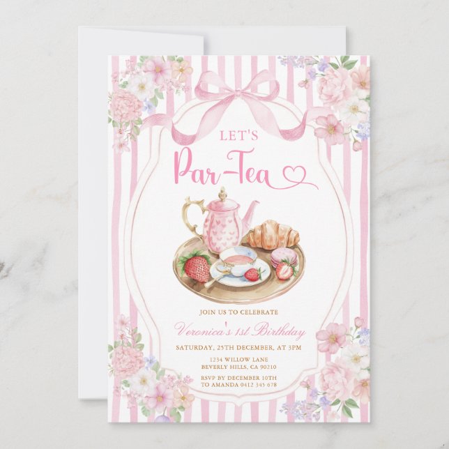 Invitación Pink Bow Let’s Par-tea Girl Birthday Stripe Floral (Anverso)