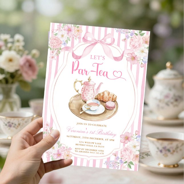 Invitación Pink Bow Let’s Par-tea Girl Birthday Stripe Floral (Subido por el creador)