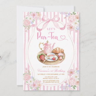 Invitación Pink Bow Let’s Par-tea Girl Birthday Stripe Floral