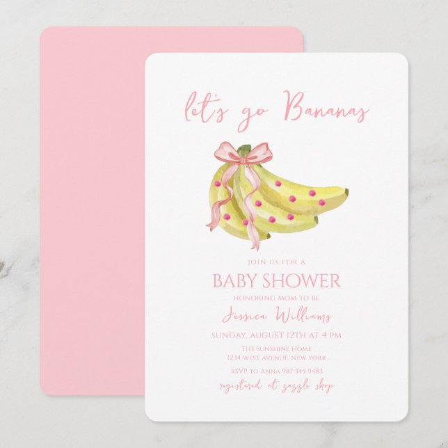 Invitación Pink Bow Let's Go Bananas Baby Shower (Anverso / Reverso)
