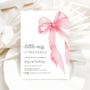 Invitación Pink Bow Little Miss Maravillosa Chica Primer Cump