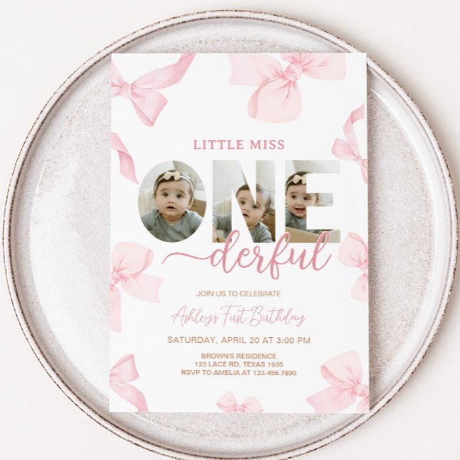 Invitación Pink Bow Little Miss Photo Birday Party (Pink Little Miss Onederful Photo Birthday Party Invitation)