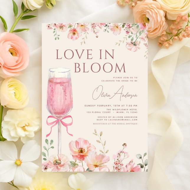 Invitación Pink Bow Love in Bloom Champagne Bridal Shower (Subido por el creador)