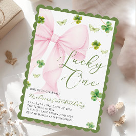 Invitación Pink Bow Lucky One Shamrock Clover 1st Birthday