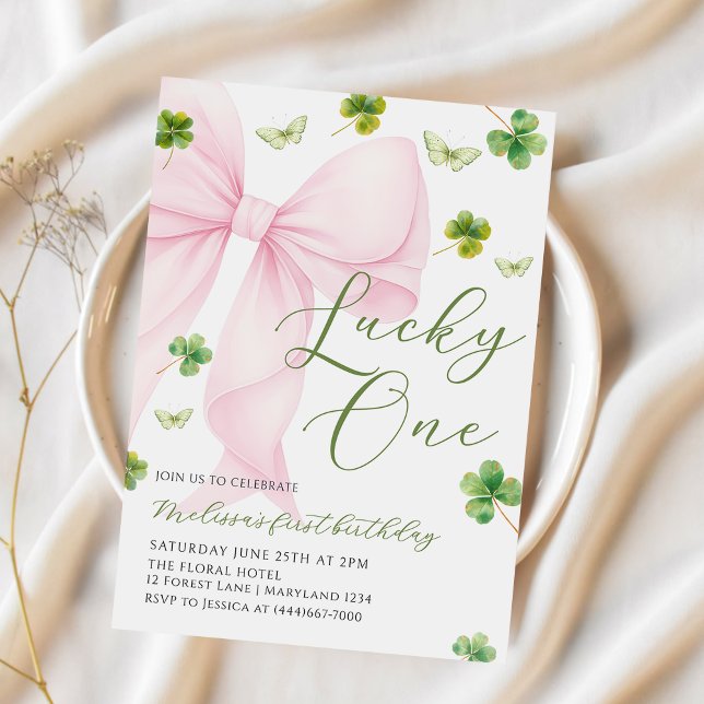 Invitación Pink Bow Lucky One Shamrock Clover 1st Birthday (Subido por el creador)