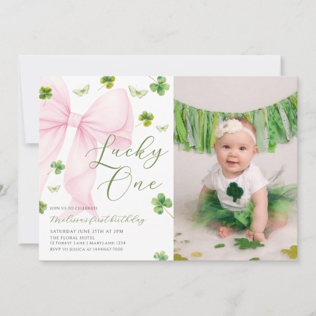 Invitación Pink Bow Lucky One Shamrock Clover 1st Birthday    (Anverso)