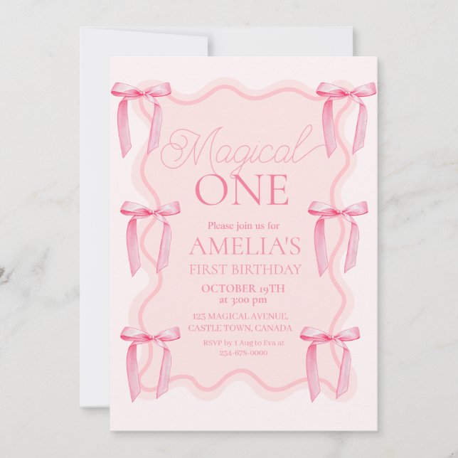 Invitación Pink Bow Magical One Birday Party (Anverso)