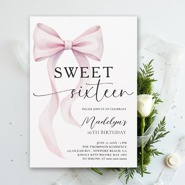 Invitación Pink Bow Modern Elegant Simple Classy Sweet 16 (sweet sixteen birthday party invitation pink bow simple classy script trendy fashion teen)
