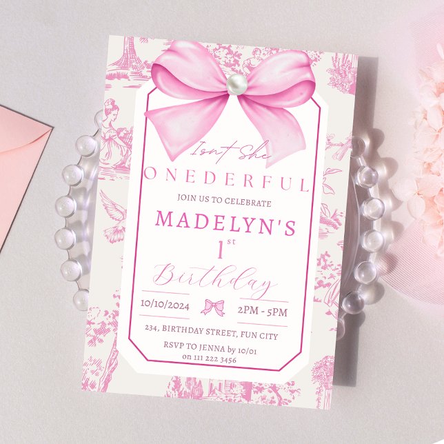 Invitación Pink Bow no es ella una maravillosa Chica primer c (Pink Bow Isn't She Onederful Girl 1st Birthday Invitation)