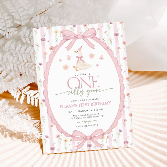 Invitación Pink Bow One Silly Goose Floral 1st Birthday (Subido por el creador)
