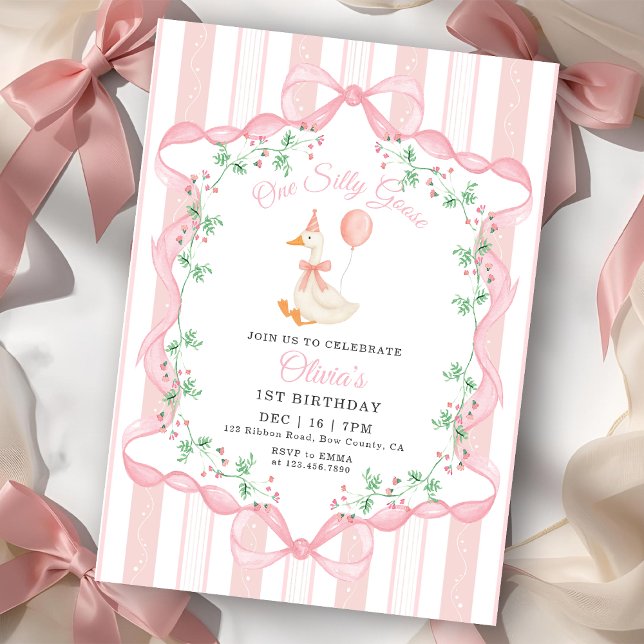 Invitación Pink Bow One Silly Goose Floral Girl 1st Birthday (Subido por el creador)