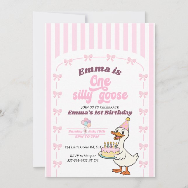 Invitación Pink Bow One Silly Goose Girl 1st Birthday Party  (Anverso)
