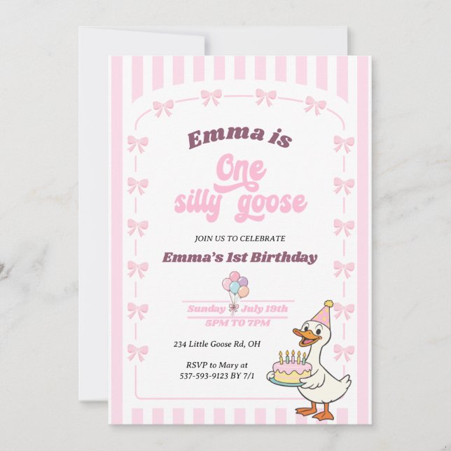 Invitación Pink Bow One Silly Goose Girl 1st Birthday Party (Anverso)
