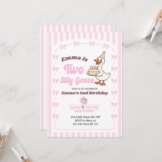 Invitación Pink Bow One Silly Goose Girl 2nd Birthday Party (Anverso/Reverso In Situ)