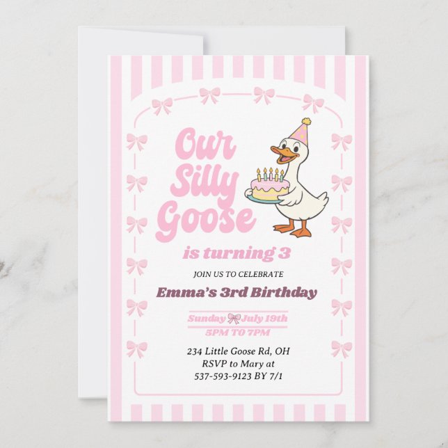 Invitación Pink Bow One Silly Goose Girl 3rd Birthday Party (Anverso)