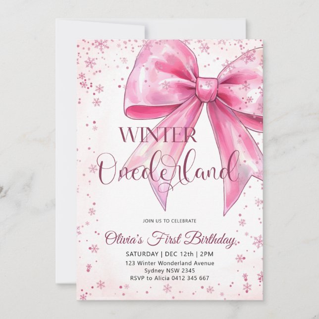 Invitación Pink Bow Onederland Christmas Birthday Party (Anverso)