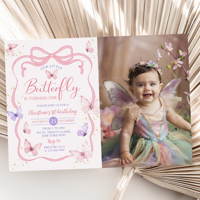 Invitación Pink Bow Our Little Butterfly Birday Photo (Subido por el creador)